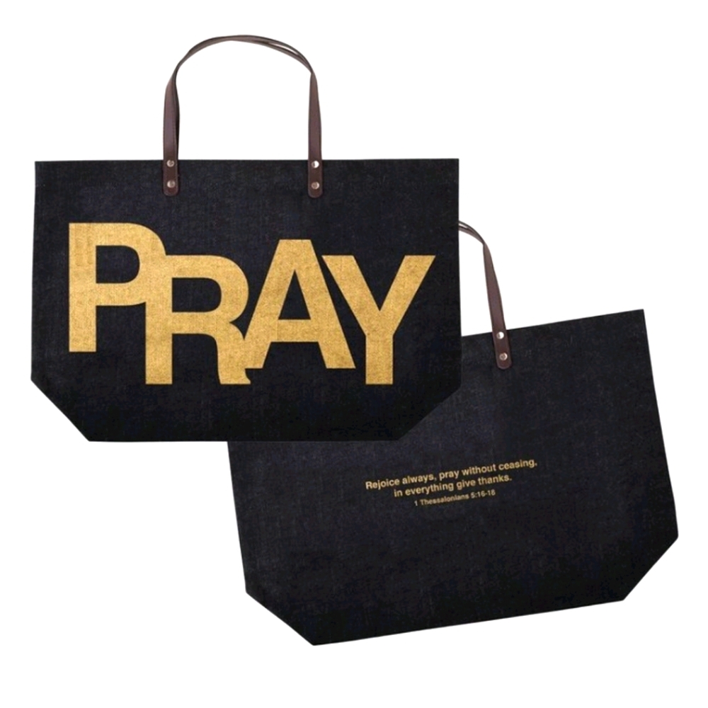 'PRAY' Black & Gold Jute Tote Bag NWT